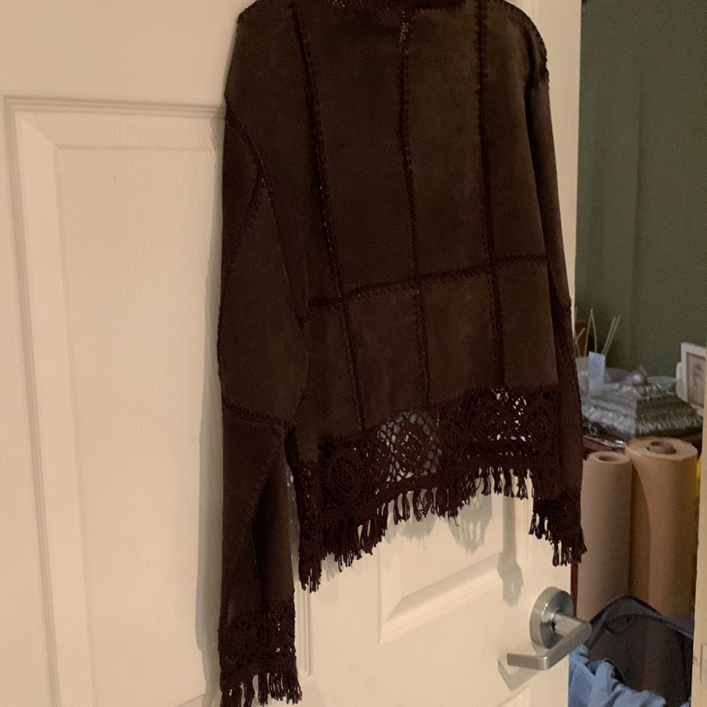 Brown Suede Leather Jacket With Crochet Bottom And Fringe Stitched Squares Med - Picture 6 of 12
